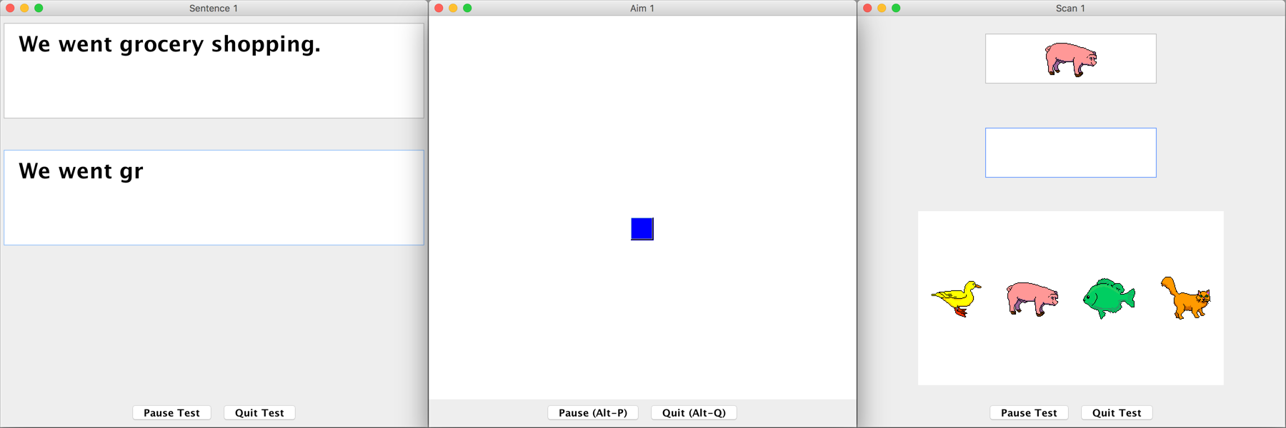 Three screenshots of Compass software, showing a text entry test, the Aim pointing test, and a switch scanning test. Click to learn more about Compass.