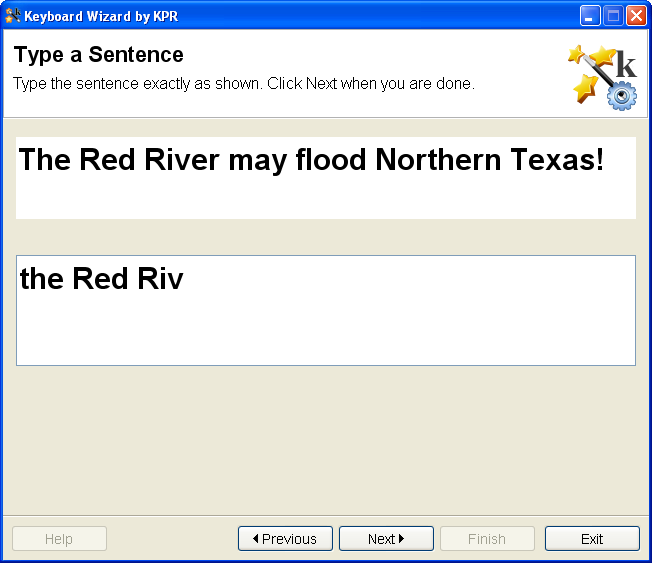 screenshot for Keyboard Wizard software, showing a sentence to be typed
